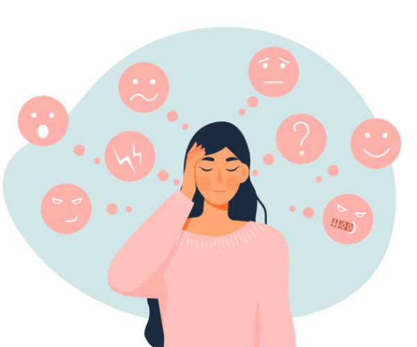 Woman with mood. Young girl in pink sweater stands and holds her head. Psychology and mental health, emotional burnout. Character suffers from Bipolar disorder. Cartoon flat vector illustration
